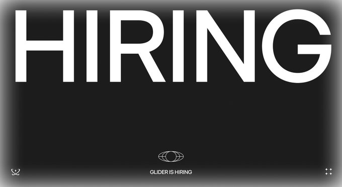 A bold black-and-white "HIRING" graphic with the caption "GLIDER IS HIRING" at the bottom, directly promoting Glider's open roles in quantitative development, design, and growth marketing as mentioned in the accompanying post.