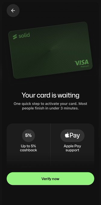 A mobile app screen displays a green 'solid' Visa Platinum card with the message 'Your card is waiting' and a 'Verify now' button, advertising up to 5% cashback and Apple Pay support.