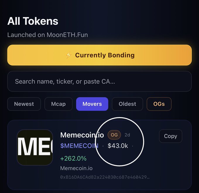 The image displays the 'Memecoin.io' token card on MoonETH.Fun, highlighted under the 'Movers' tab, showing a price of $43.0k and a +262.0% increase, which aligns with the post's reference to the 'current top token'.