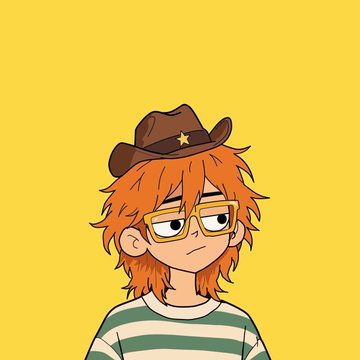 A cartoon illustration of an orange-haired character wearing glasses, a striped shirt, and a brown cowboy hat with a star, set against a yellow background.