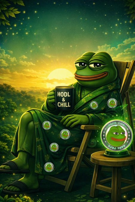 Digital artwork of the Pepe the Frog meme character wearing a robe, relaxing in a chair with a mug that reads 'HODL & CHILL' next to a crystal ball labeled 'PEPE COIN'.