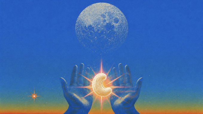 A surreal digital illustration showing two hands holding a glowing crescent moon against a blue sky, with a large full moon in the background and a smaller star to the left.