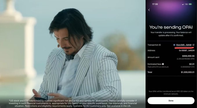 The image shows a man in a striped blazer looking at his phone, alongside a Robinhood Wallet screenshot displaying an OPAI token transfer transaction worth $1,000,000.01 (2,304.83781465 OPAI) to address 0x1859...b4504, with a Transaction ID beginning 0xcc3d0...0afa8—matching the on-chain proof referenced in the post about OpenAI's livestream betting.
