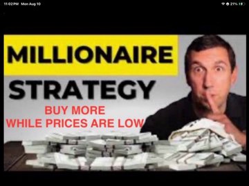 YouTube thumbnail showing a surprised man next to stacks of cash with bold text reading 'MILLIONAIRE STRATEGY - BUY MORE WHILE PRICES ARE LOW.'