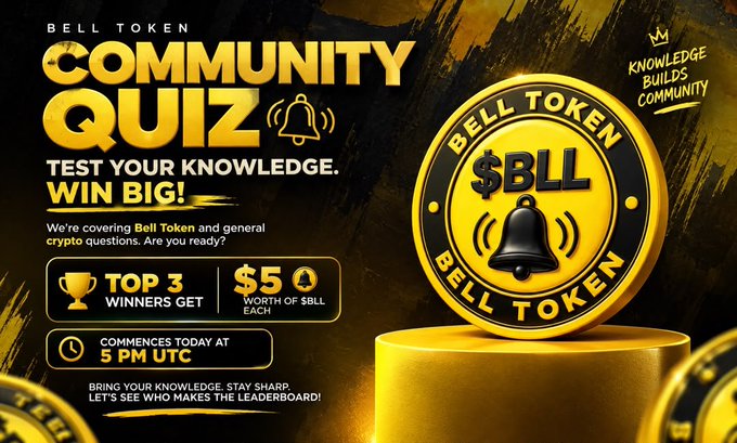 A promotional graphic for "BELL TOKEN COMMUNITY QUIZ" featuring a golden $BLL bell coin, offering $5 worth of $BLL to top 3 winners, commencing at 5 PM UTC.