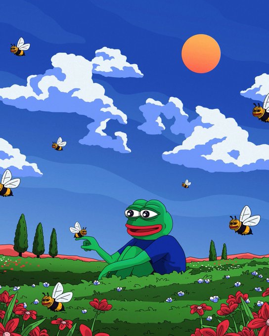 The image features Pepe the Frog lounging in a vibrant meadow under a sunset sky, surrounded by flying bees and blooming flowers, capturing a peaceful "good morning frens" vibe with a chill, cheerful energy.