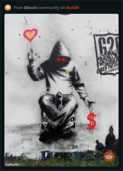 Reddit image post from the Bitcoin community featuring a graffiti-style stencil art of a hooded figure with red glowing eyes holding a Bitcoin heart balloon and a dollar sign chain, posted via imgflip.