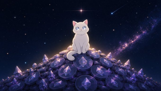 Digital artwork of a white cat sitting atop a mountain of Ethereum coins and purple crystals against a starry galaxy background.