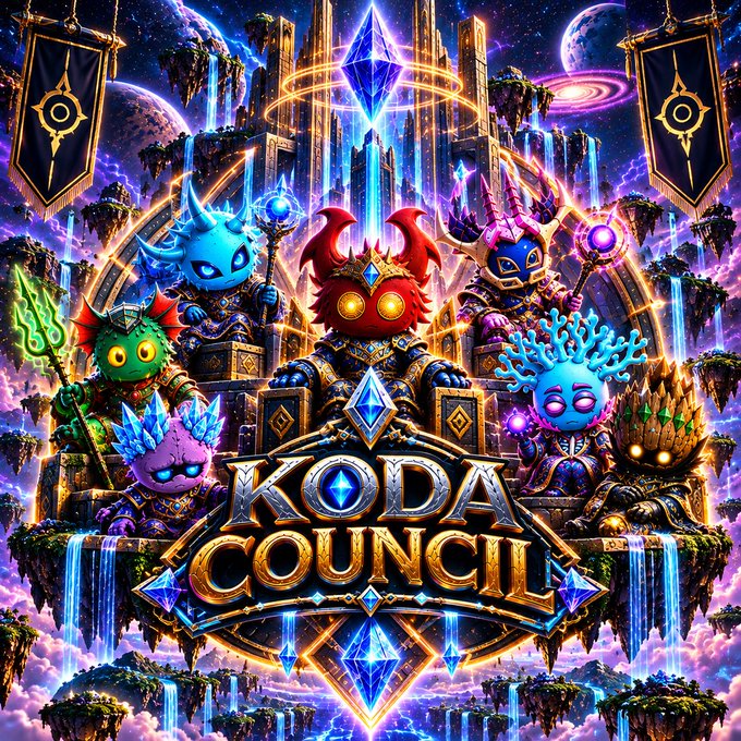 Vibrant fantasy artwork for "KODA COUNCIL" featuring colorful, glowing creatures with magical staffs seated on a crystalline throne.