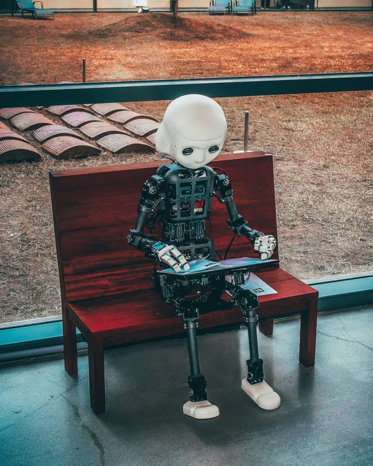 The image features a robot sitting on top of a wooden bench, holding a laptop computer with its arms outstretched as if it's typing or using an app. The scene takes place outdoors, possibly at a park or a similar public space where people can sit and relax.