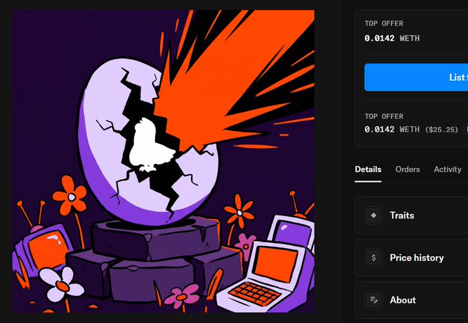 A digital artwork on OpenSea shows a cracked purple egg with a fiery orange explosion bursting out, surrounded by retro flowers, a TV, and an old computer against a dark background. The listing shows a top offer of 0.0142 WETH ($25.25) for the NFT, aligning with the tweet about waiting for a RallyOnChain Egg to hatch ahead of the Rally Reveal on July 8th.