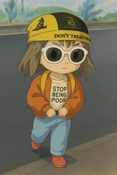 An illustrated cartoon character with brown hair and large round white sunglasses walks along a road, wearing a yellow and black "DON'T TREAD ON ME" Gadsden flag cap, an orange jacket, and a t-shirt reading "STOP BEING POOR." The "STOP BEING POOR" shirt text fits the casual mockery of the post, while the character's confident swagger and fresh outfit match the caption's admission that he "do be looking kinda fresh tho" — a humorous play on referencing Elon Musk (@a1lon9).