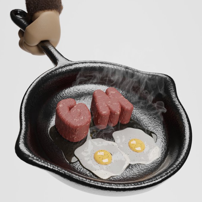 A surreal advertisement-style image of a brown bear paw holding a cast iron skillet containing two fried eggs arranged to form the letters "OM," with steam rising from the pan.