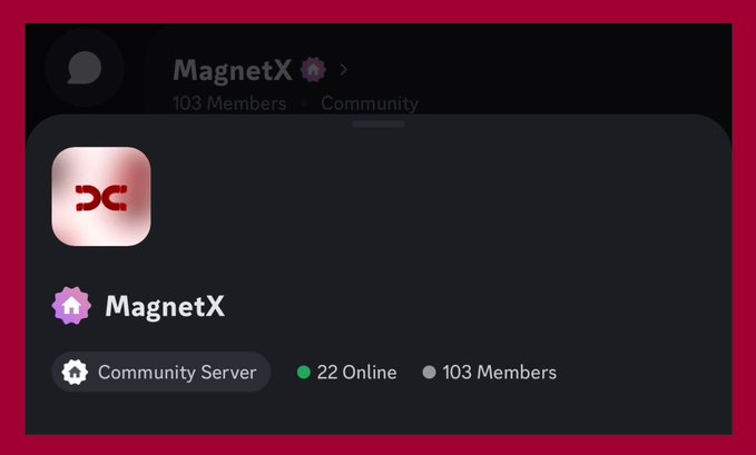 Discord screenshot showing the MagnetX community server with 103 members and 22 online, featuring a logo with a 'DC' monogram.