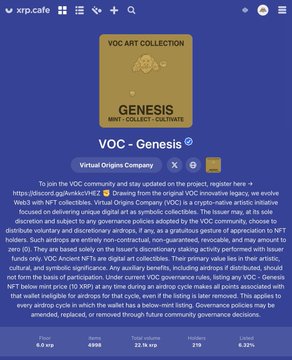 A Telegram channel post from vrp.cafe advertising the VOC Art Collection featuring 'Genesis' MINT | COLLECT | CULTIVATE, describing Virtual Origin Company as an airdrop launchpad on the VHR community.