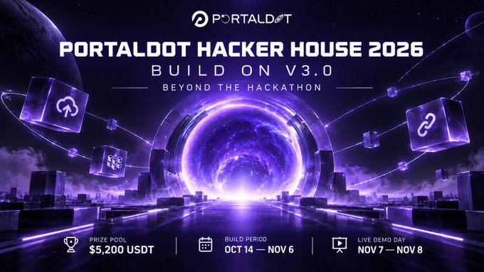 A promotional graphic for 'PORTALDOT HACKER HOUSE 2026' themed 'BUILD ON V3.0' with a prize pool of $5,200 USDT, build period Oct 14–Nov 6, and live demo day Nov 7–Nov 8.