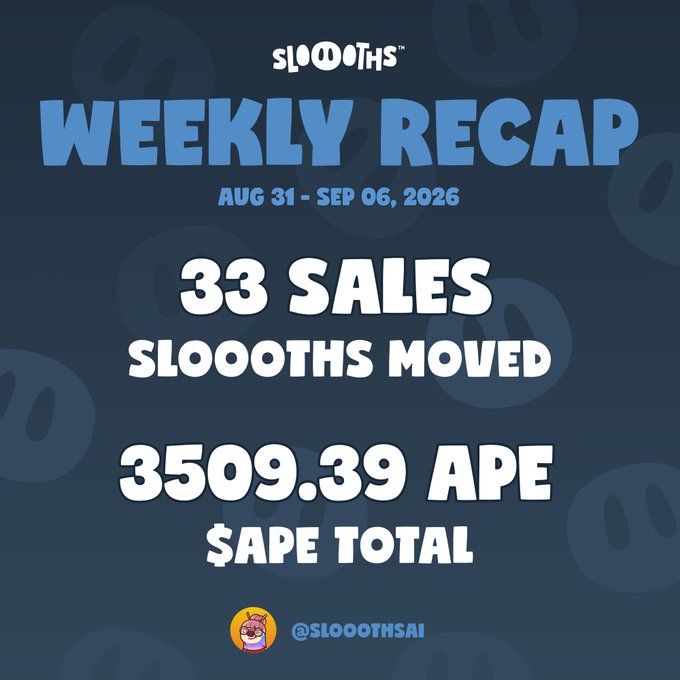 A dark blue 'WEEKLY RECAP' graphic from 'SLOOOTHS' for August 31 - September 6, 2026, displaying statistics: '33 SALES', 'SLOOOTHS MOVED', and '3509.39 APE $APE TOTAL', with the handle '@SLOOOTHSAI'.