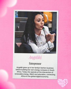 A pink-themed card introducing Angeliki the Entrepreneur, described as growing up in her family's fashion business in South Africa and connecting Africa to the global digital economy.
