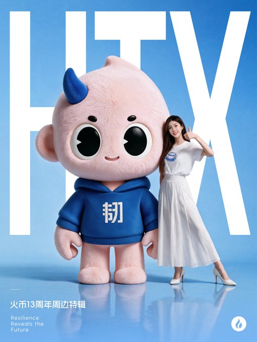 A promotional poster features a large pink mascot character wearing a blue hoodie with the character '韧', posing alongside a woman in a white dress, with large 'HTX' text in the background and text reading '火币13周年周边特辑 Resilience Reveals the Future'.