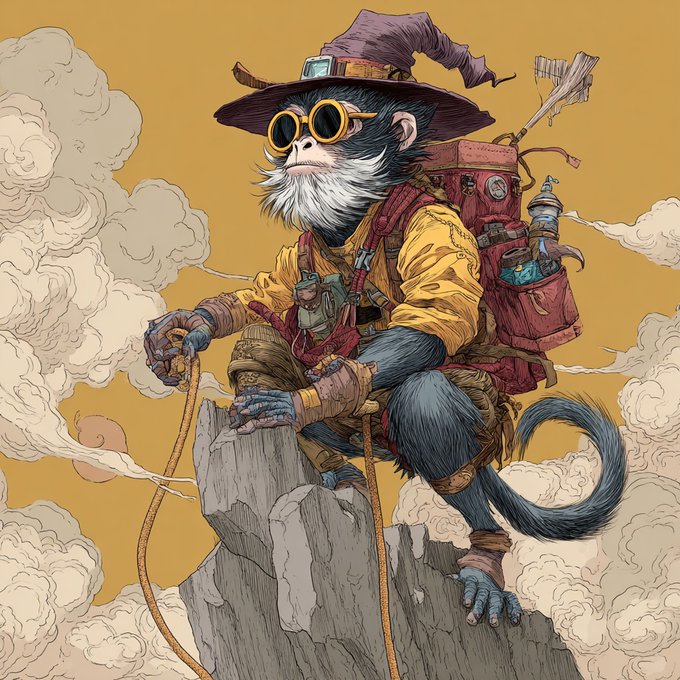 An illustration of a steampunk-style monkey explorer wearing goggles and a pointed hat, climbing a rocky peak with a backpack full of gadgets.