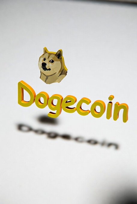 A small 3D-printed figurine of the Dogecoin Shiba Inu dog hovers above the stylized 'Dogecoin' text logo on a white surface.
