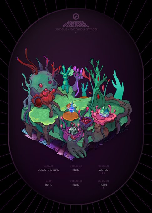 Digital artwork titled 'Jungle - Rainbow Atros' featuring a vibrant alien landscape with coral-like flora and crystalline bases, with stats showing Artifact: Celestial Tear, R Resources: Luster and Runa.