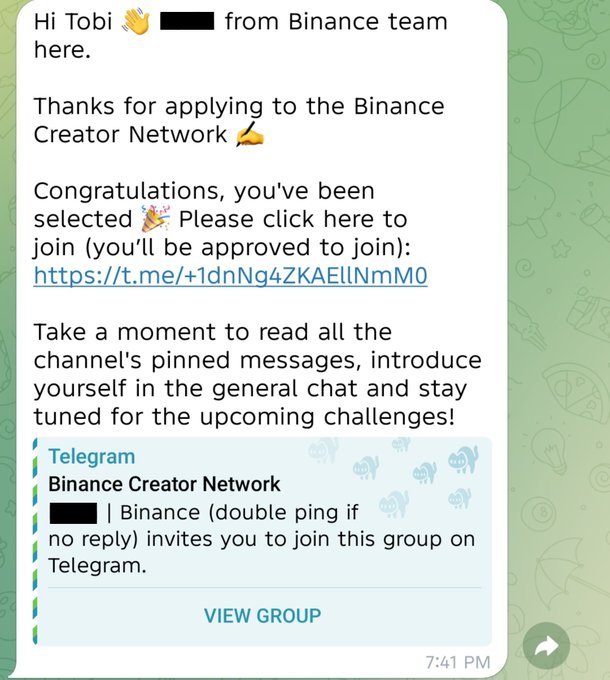 A Telegram message from "Binance" congratulates Tobi on being selected for the Binance Creator Network, with an invitation link to join the group and a preview showing it's a Telegram group for Binance. The image directly supports the post's claim of being accepted as a Binance creator, with the verification visible in the legitimate-looking group invite notification.