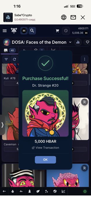 A SabeCrypto app confirmation screen showing a successful purchase of a 'Dr. Strange #20' NFT for 5,000 HBAR from the 'DOSA: Faces of the Demon' collection.