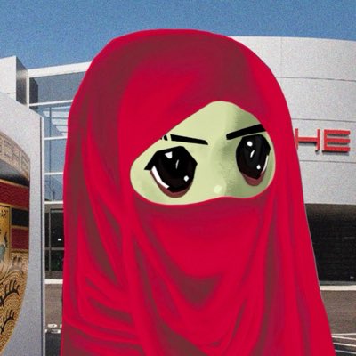 A digitally altered image showing a stylized anime character wearing a red niqab with large expressive eyes, standing in front of a building with 'CHE' visible in the background.