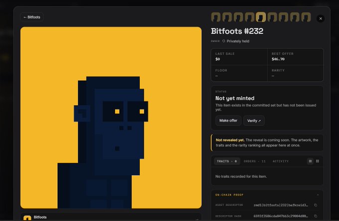 A NFT marketplace listing page for 'Bitfoots #232' showing a pixelated dark blue character on a yellow background, marked as 'Not yet minted' with a best offer of $46.70 and asset hash visible.