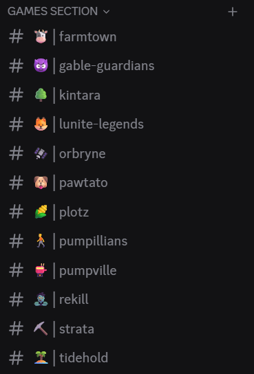 A Discord server menu displays the "GAMES SECTION" with dedicated channels for various play-to-earn games, including farmtown, gable-guardians, kintara, lunite-legends, orbryne, pawtato, plotz, pumpillians, pumpville, rekill, strata, and tidehold, illustrating the platform's community infrastructure for GameFi and Solana P2E projects.