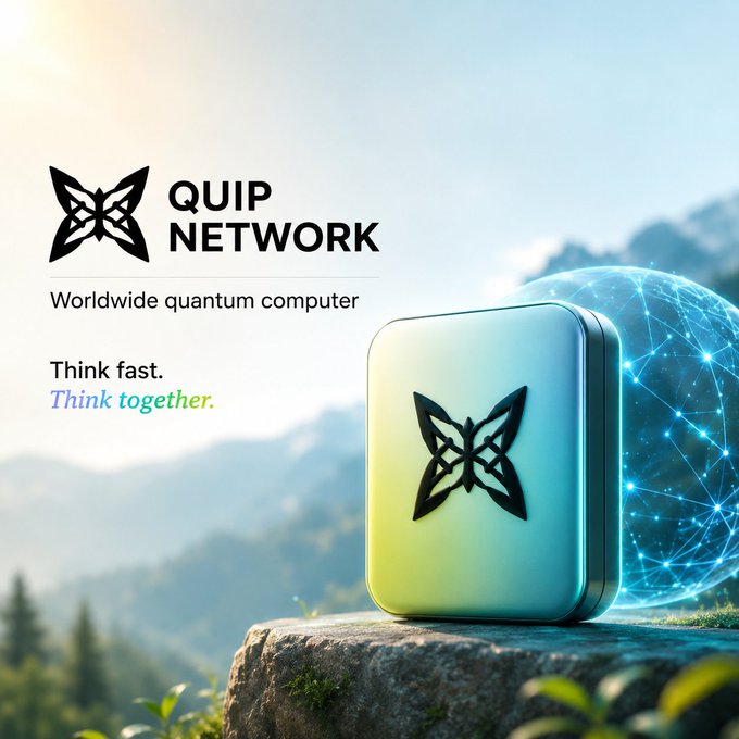 The image features a square app icon with a butterfly design, placed on top of a rock. Below the app icon, there are two lines of text that read "quip network" and "worldwide Quantum Computer", along with the phrase "Think fast. Think together." The background of the image is a mountain landscape under a blue sky.