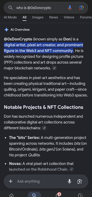 A Google search for "who is @OxDoncrypto" returns an AI overview describing him as a digital artist and prominent figure in the Web3 and NFT community, highlighting his "bits" series and Novas NFT collection.