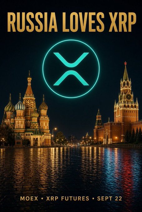 A promotional graphic reading 'RUSSIA LOVES XRP' with the XRP logo centered above an image of Moscow's Kremlin and St. Basil's Cathedral at night, with text 'MOEX • XRP FUTURES • SEPT 22' at the bottom.