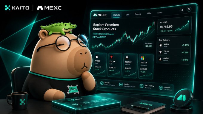Promotional graphic featuring a bear mascot with a crocodile on its head and a magnifying glass, labeled "KAITO | MEXC", displaying a stock trading interface with NASDAQ "18,786.95" and top gainers like AAPL, TSLAX, AMZNX, and MSFTX.