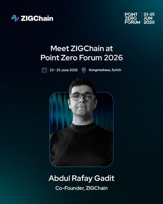 The image features a man wearing glasses standing against a dark blue background with white text. The text reads "Meet ZigChain at Point Zero Forum 2016" and "23 25 June 2020 Zurich". This suggests that the event takes place on a specific date, in a particular location, and is focused on a particular topic related to blockchain technology or finance.