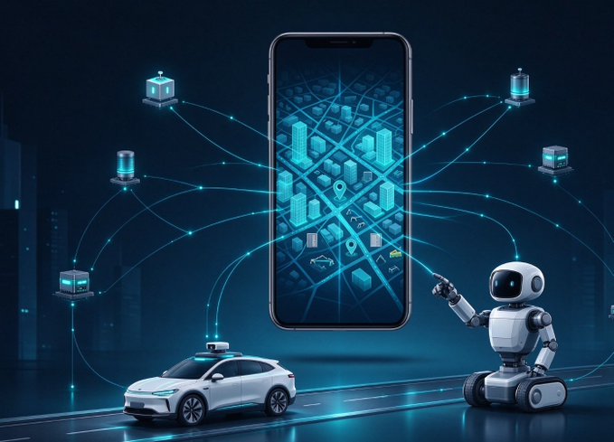 The image shows a futuristic concept of AI-driven mobility and mapping, featuring a smartphone displaying a glowing 3D city map with a location pin, connected by data streams to a white autonomous car on the left and a small white humanoid robot pointing toward the phone on the right, illustrating the post's message about how AI's real-world impact depends less on model specs or funding and more on "eyes"—the ability to perceive, navigate, and interact with the physical world like self-driving cars and robots do.