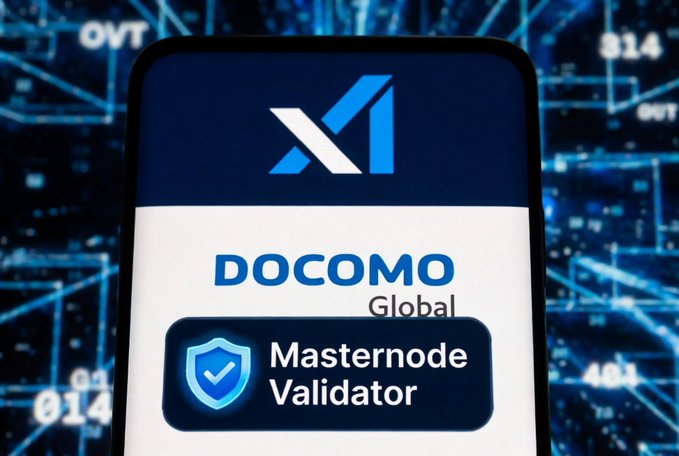 A graphic showing the X (XRP) logo on a smartphone screen with text 'DOCOMO Global' and 'Masternode Validator' badge against a blue digital network background.
