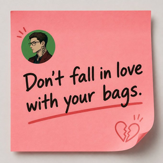 A pink sticky note featuring an illustrated profile of a bespectacled man with neck tattoos, alongside the handwritten message 'Don't fall in your bags.' and a broken heart doodle.