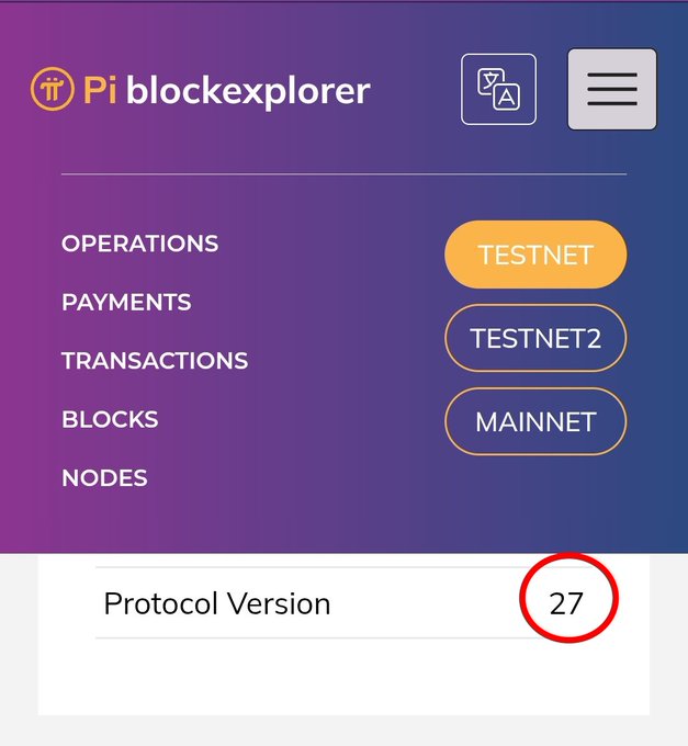A screenshot of the Pi blockexplorer showing the Testnet network selected with a Protocol Version of 27 highlighted in red, illustrating the Pi Network Testnet 1 upgrade to Protocol Version v27.