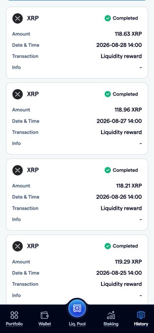 A crypto platform's transaction history page displays four completed XRP liquidity rewards ranging from 118.21 to 119.29 XRP between August 25-28, 2026, with navigation tabs for Portfolio, Wallet, Liq. Pool, Staking, and History at the bottom. The screenshot illustrates the dashboard's clear visibility of recent $XRP rewards, showing amount, date, status, and reward type as described in the post.