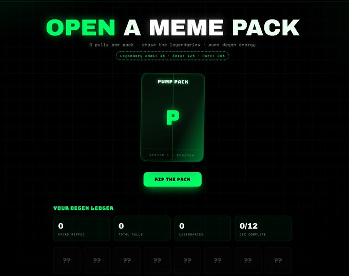 The image shows an open card game called "Pump Pack" displayed on a website, with a green background and white text. The card pack contains a memory card that can be re-deployed onto chain energy. The post suggests that users should click on the "Open a PumpPack" button to receive their pump cards.