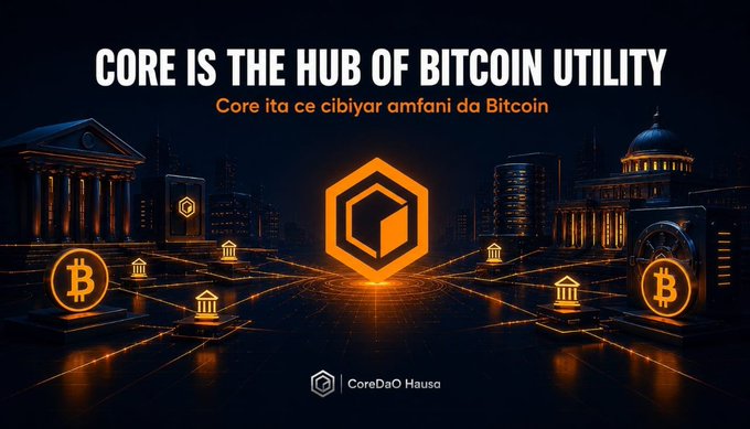 A promotional graphic featuring the text 'CORE IS THE HUB OF BITCOIN UTILITY' and 'Core ita ce cibiyar amfani da Bitcoin' with Bitcoin symbols and a glowing hexagonal Core logo against a dark futuristic cityscape.