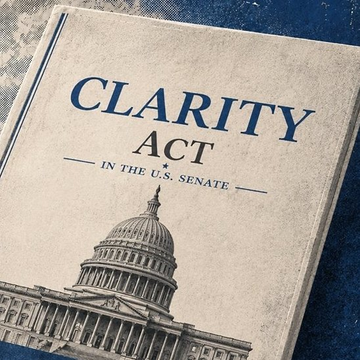 The image shows a stylized newspaper or document cover titled "CLARITY Act in the U.S. Senate," featuring an illustration of the U.S. Capitol building. It visually reinforces the post's message about the upcoming September 15 Senate vote on the CLARITY Act, a significant piece of crypto regulation legislation.