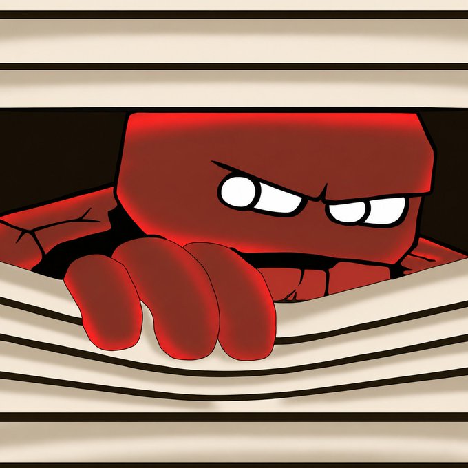 A cartoon illustration of an angry red blocky character peering out from between beige prison-like bars.