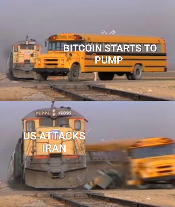 A two-panel meme using the train vs school bus collision format: the top panel shows "BITCOIN STARTS TO PUMP" with the bus approaching the train, while the bottom panel shows "US ATTACKS IRAN" with the train crashing into the bus.