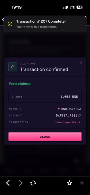 Mobile screenshot showing a completed transaction confirmation for claiming BNB fees of 1.002 BNB on BNB Chain (56), with contract address 0xFf8A...7281.