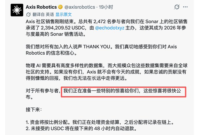 A Chinese-language tweet from Axis Robotics (@axis_recor) announcing that their Sonar community sale just concluded with 2,472 participants committing 2,394,209.52 USDC, with a red box highlighting text about preparing special surprises for participants.