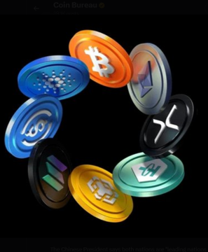 A circular arrangement of colorful cryptocurrency coin logos—including Bitcoin, Ethereum, XRP, Cardano, and others—is displayed against a dark background, visually representing the broader crypto market poised to be impacted by DTCC's newly announced $114 trillion tokenization service.