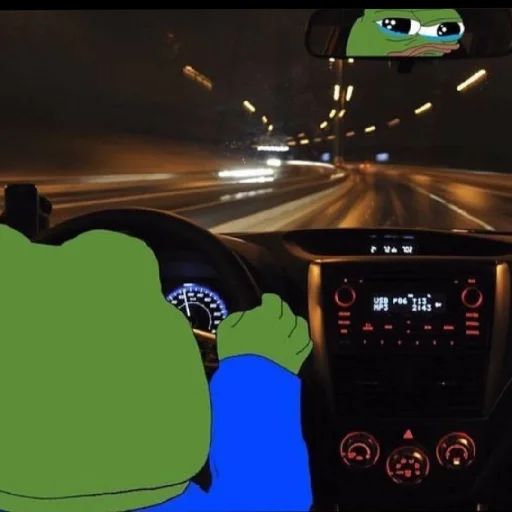 An edited image showing Pepe the Frog driving a car at night, visible through the rearview mirror with wide eyes, while gripping the steering wheel with green hands.